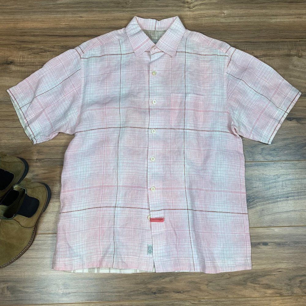 Tommy Bahama Shirt Mens Medium 100% Linen Plaid Button Up‎ Short Sleeve Men's L